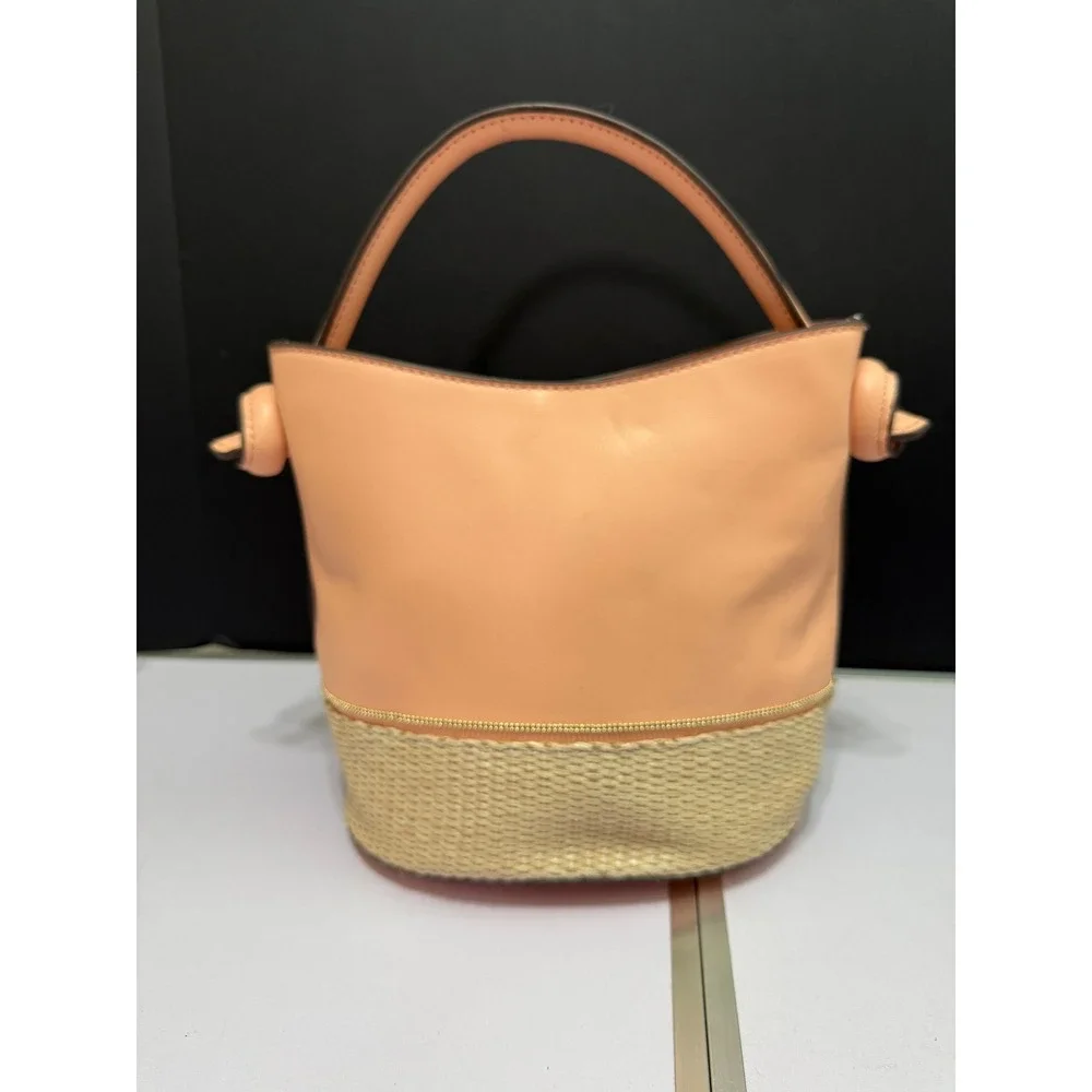 Nanette Lepore Blush Pink Woven Straw Bucket Handbag Knotted Sides